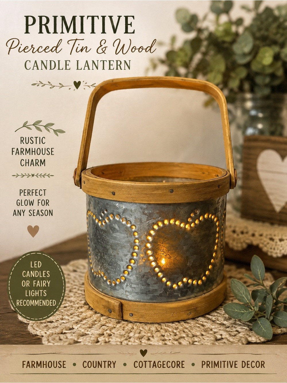 Primitive Pierced Tin Heart Candle Lantern Wood Handle Farmhouse Decor